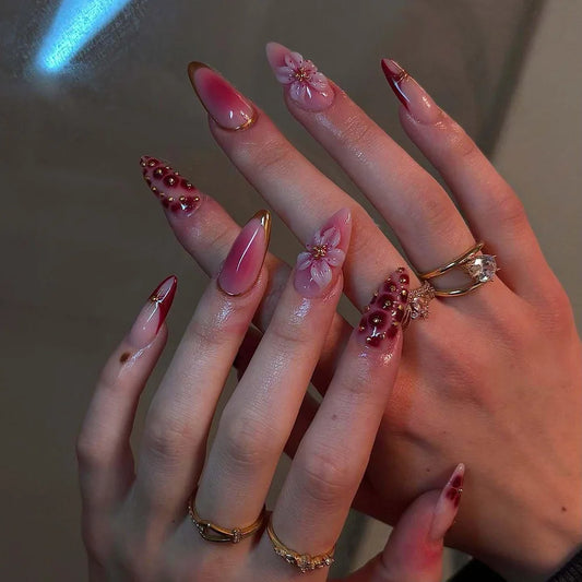 3D Blush Lily Luxury Little Gold Bean Press On Nails