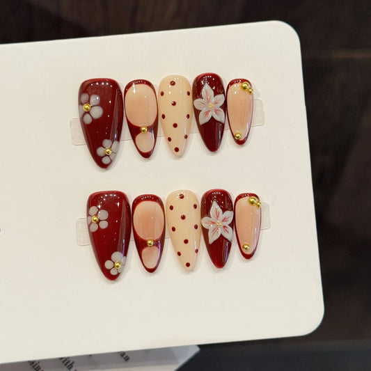 10pcs White Flower Wave Point Element Fake Nails Wine-red Almond Elegant Handmade Press On Nails New Year Women Girls False Nail
